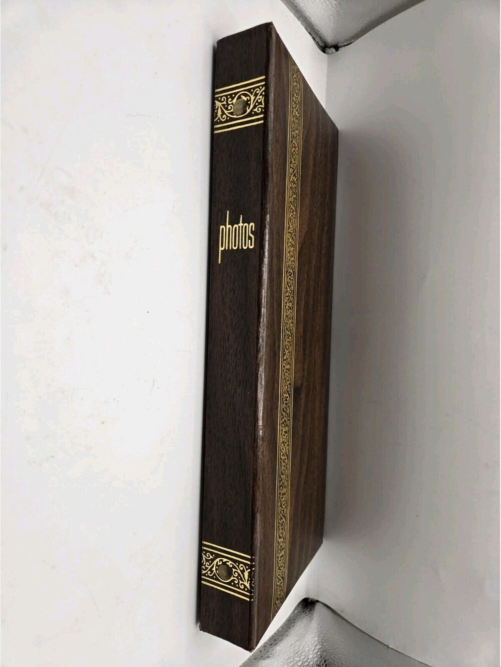 Vintage Woodgrain Book Style Photo Album Magnetic Sticky Pages Gold Trim